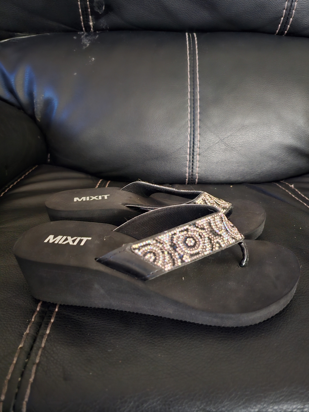 Mixit Black Beaded Wedge Flip-Flops